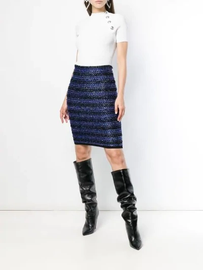 Shop Balmain Striped Tweed Pencil Skirt In Blue