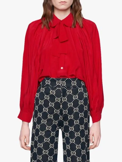 Shop Gucci Silk Shirt With Neck Bow In Red