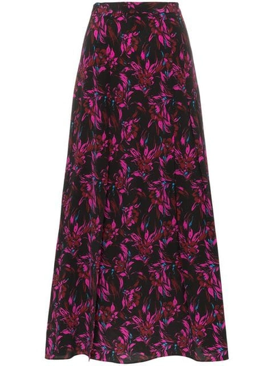 Shop Les Rêveries High-waisted Floral Print Front Slit Silk Midi Skirt In Black