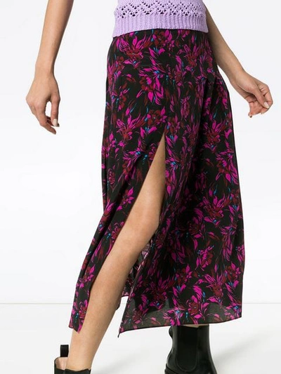 Shop Les Rêveries High-waisted Floral Print Front Slit Silk Midi Skirt In Black