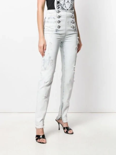 Shop Balmain Shredded Button-front Jeans In Blue