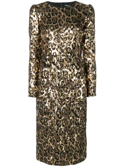 Shop Dolce & Gabbana Sequined Leopard-print Midi Dress In Gold