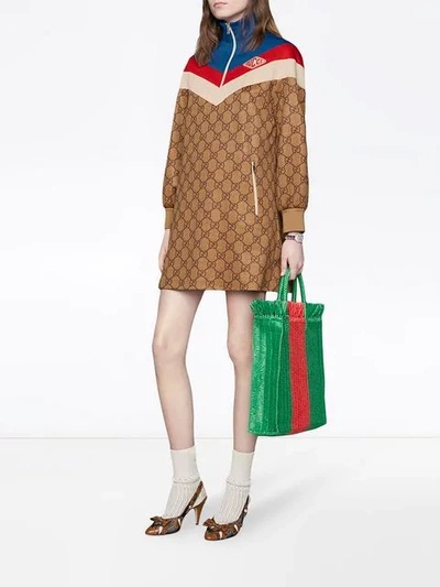 Shop Gucci Gg Technical Jersey Dress In Brown