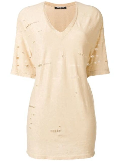 Shop Balmain Distressed T In Neutrals