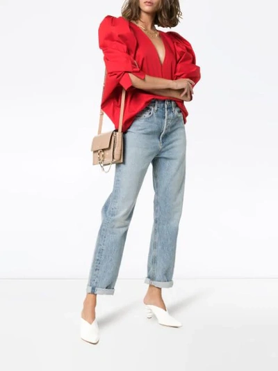 Shop Khaite Conie Oversized Puff-sleeve Blouse In Red