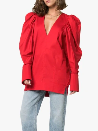 Shop Khaite Conie Oversized Puff-sleeve Blouse In Red