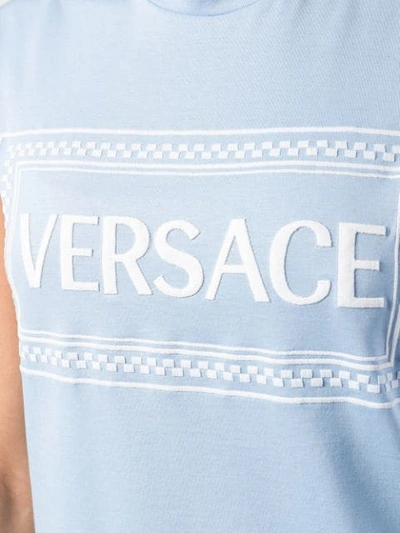 Shop Versace Embroidered Logo Tank Top In Blue