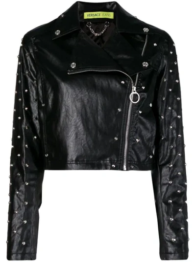 Shop Versace Jeans Cropped Biker Jacket In Black