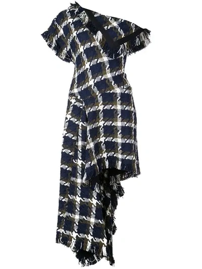 Shop Monse Flap Shoulder Asymmetrical Tweed Dress In Blue