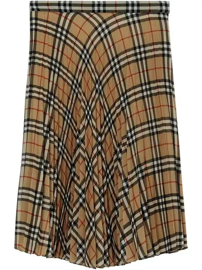 Shop Burberry Vintage Check Chiffon Pleated Skirt In Brown