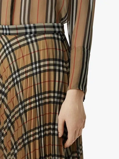 Shop Burberry Vintage Check Chiffon Pleated Skirt In Brown