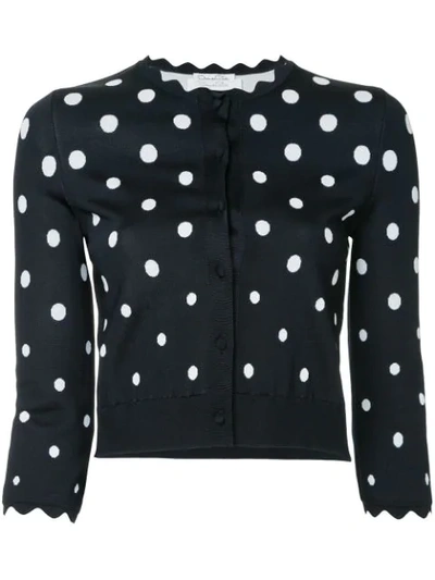 Shop Oscar De La Renta Scalloped Polka Dot Cardigan In Black