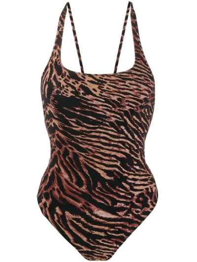 Shop Ganni Tiger Print Swimsuit In Brown