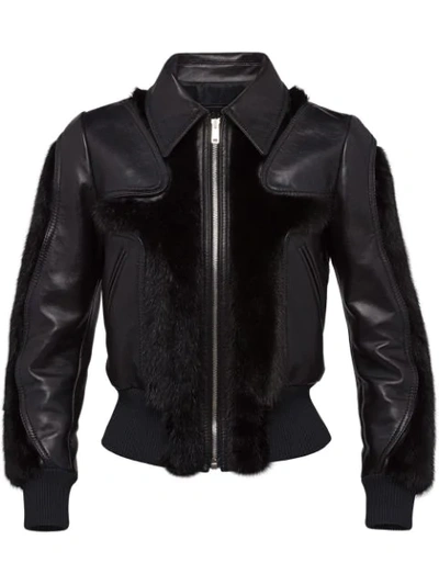Shop Prada Leather And Mink Jacket - Black
