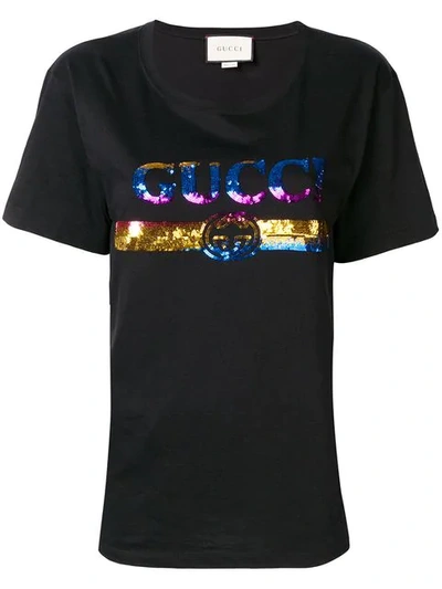 Shop Gucci Sequinned Logo T-shirt In Black