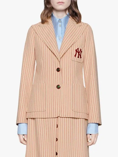 Shop Gucci Silk Wool Jacket With Ny Yankees™ Patch In Neutrals