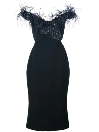 Shop Marchesa Feather Trim Fitted Dress In Blue