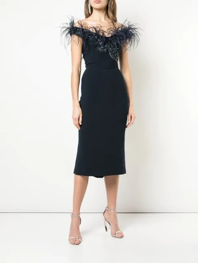 Shop Marchesa Feather Trim Fitted Dress In Blue