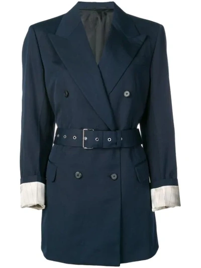 Shop Prada Belted Double-breasted Blazer In Blue
