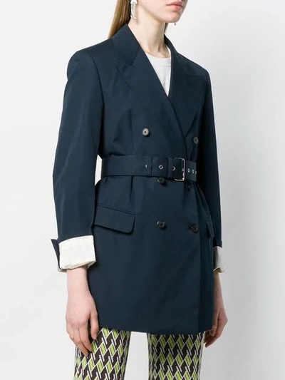 Shop Prada Belted Double-breasted Blazer In Blue