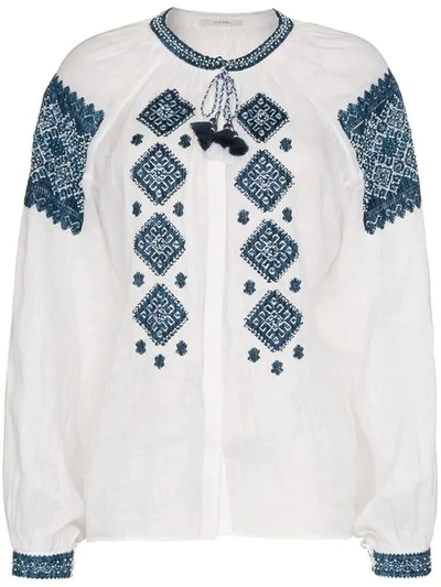 Shop Vita Kin Mirror Embroidered Silk Top In White Blue