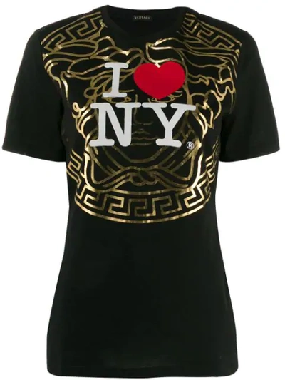 Shop Versace New York-print T-shirt In Black