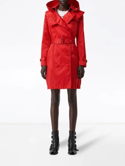 Shop Burberry Detachable Hood Technical Nylon Trench Coat In Red