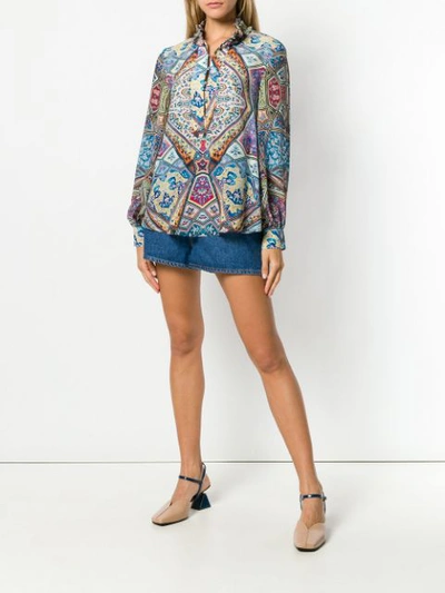 Shop Miahatami Printed Frilled Collar Shirt In Blue