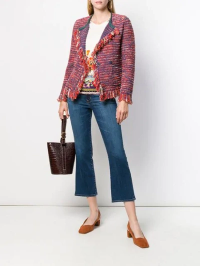 Shop Etro Fringed Tweed Jacket In Blue