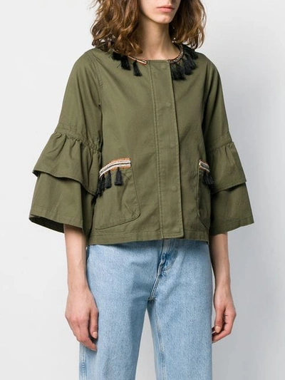 Shop Alessandra Chamonix Tasselled Ruffle Sleeve Jacket In Green