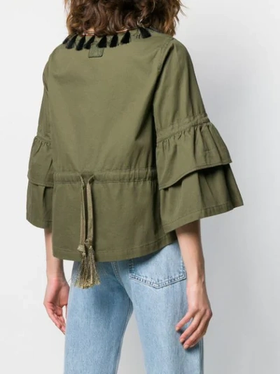 Shop Alessandra Chamonix Tasselled Ruffle Sleeve Jacket In Green