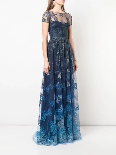 Shop Marchesa Notte Sheer Floral Embroidered Gown In Blue