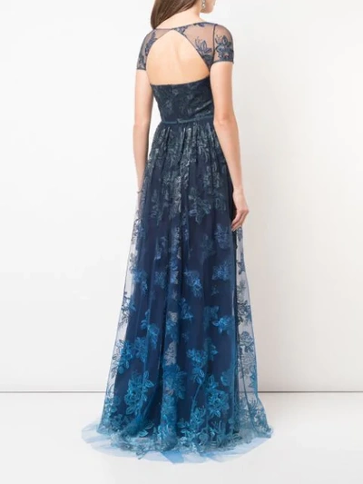 Shop Marchesa Notte Sheer Floral Embroidered Gown In Blue