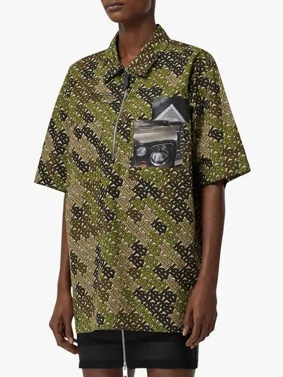 Shop Burberry Short-sleeve Monogram Print Cotton Shirt In Green