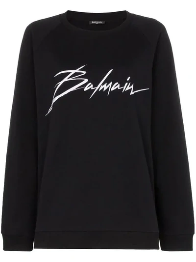Shop Balmain Logo Print Cotton Jumper In Black