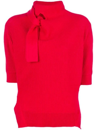 Shop Self-portrait Bow Tie Knitted Top In Red