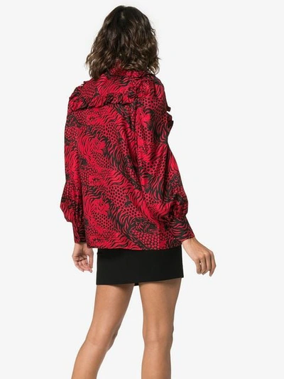 Shop Gucci Silk Tiger Print Tie Neck Blouse In Red