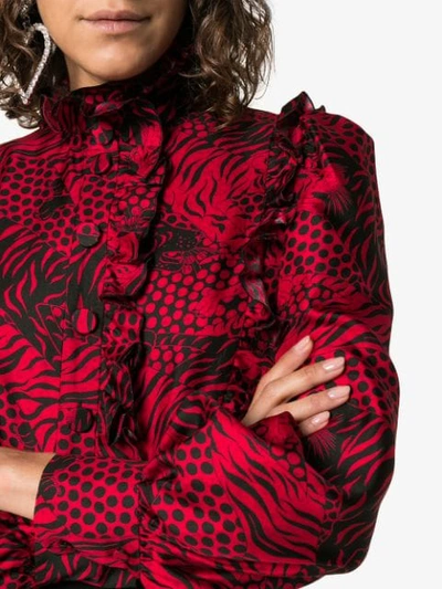 Shop Gucci Silk Tiger Print Tie Neck Blouse In Red