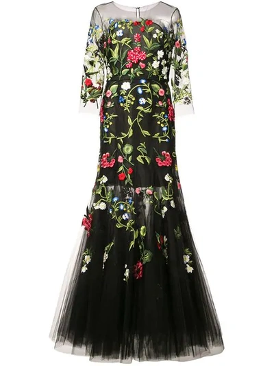 Shop Oscar De La Renta Floral Embroidered Tulle Gown In Black