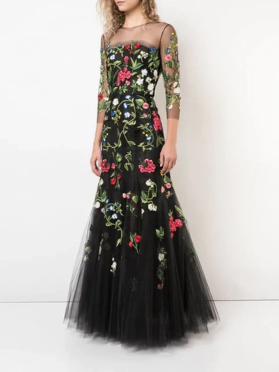 Shop Oscar De La Renta Floral Embroidered Tulle Gown In Black