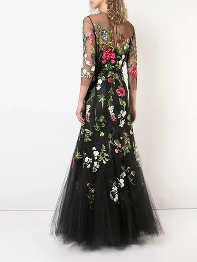 Shop Oscar De La Renta Floral Embroidered Tulle Gown In Black