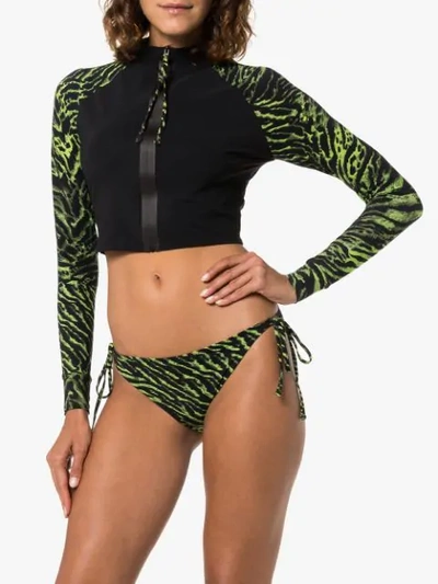 Shop Ganni Tiger Print Zip Bikini Set In Black