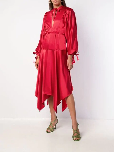 Shop Self-portrait Bishop Sleeve Midi Dress In Red