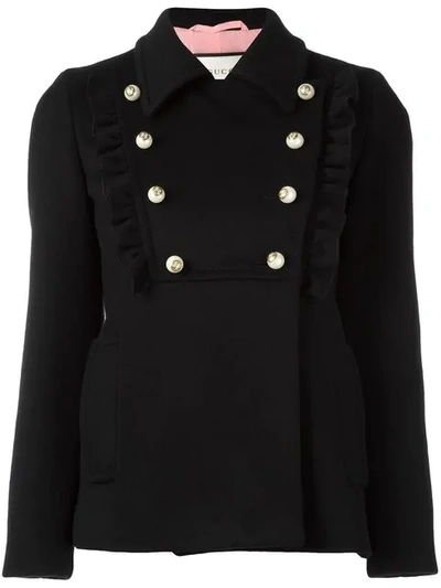Gucci Double Breasted Wool Coat With Ruffles, Black | ModeSens