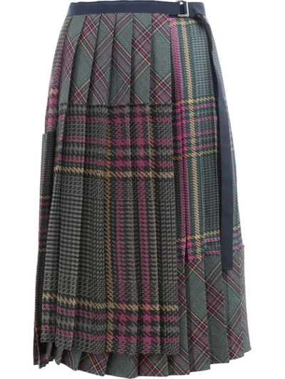 Shop Sacai Tartan Pleated Skirt - Grey