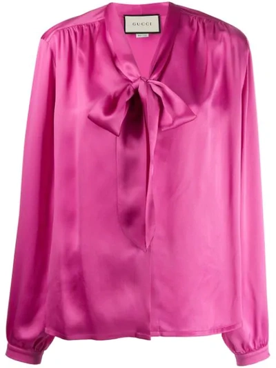 Shop Gucci Satin Pussy Bow Shirt  In Pink