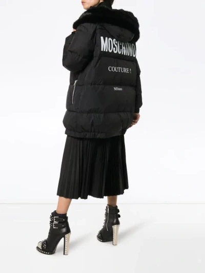 Shop Moschino Faux Fur Trimmed Logo Print Puffer Jacket In Black