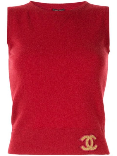 Shop Chanel Cc Logos Sleeveless Knit Top In Red