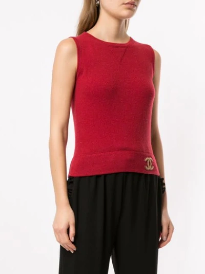 Shop Chanel Cc Logos Sleeveless Knit Top In Red