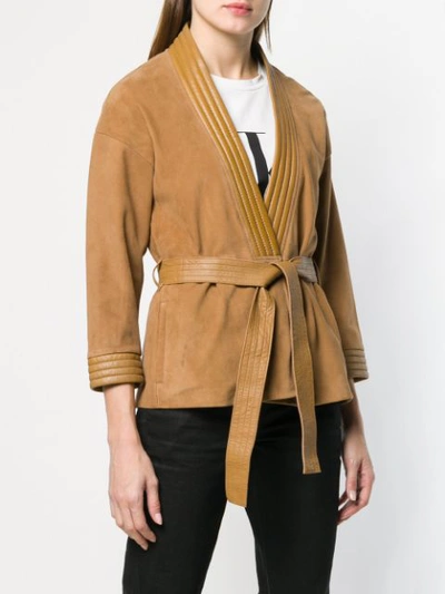 Shop Pinko Belted Leather Jacket In Brown